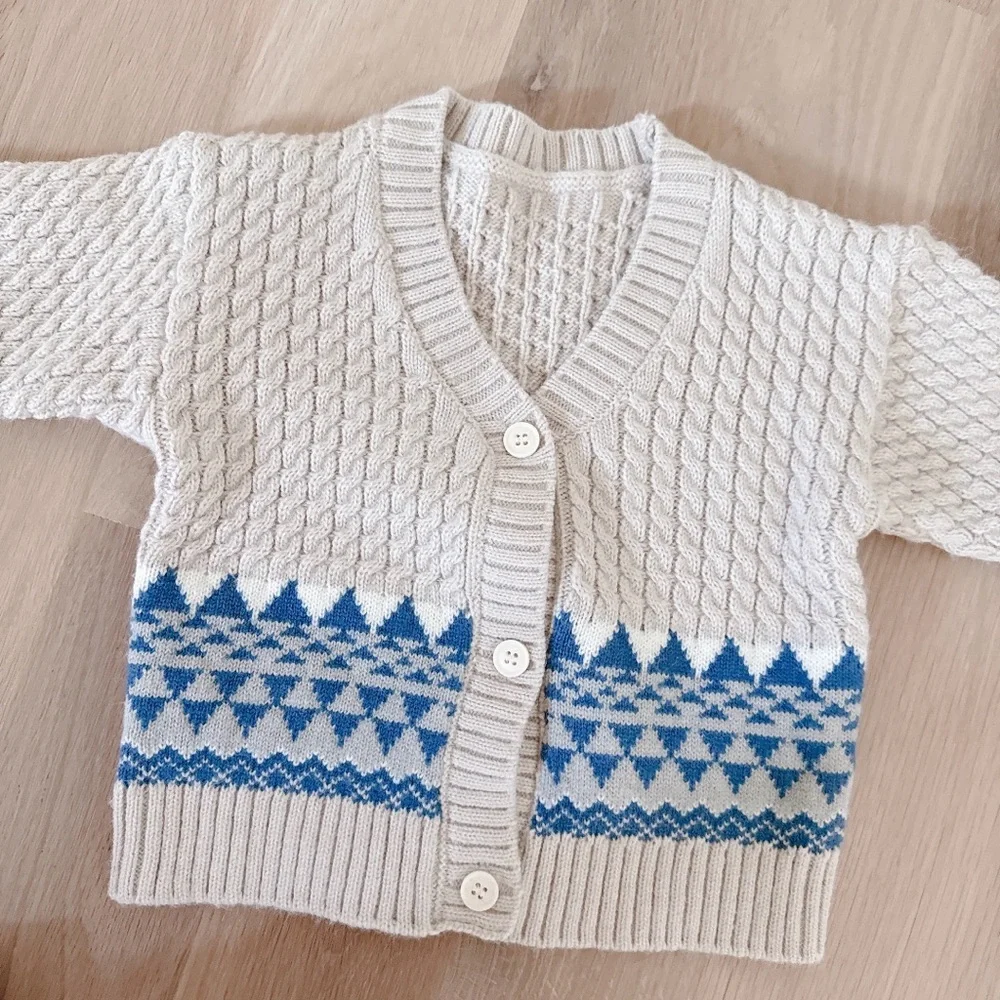 Hand-knit toddler/baby wool fair isle holiday cardigan and cotton plaid shorts